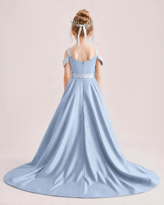 Dusty Blue Satin A-line Pageant Dress Back View