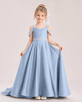 Dusty Blue Satin A-line Pageant Dress Front View