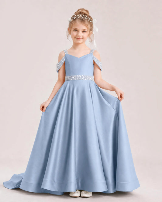 Dusty Blue Satin A-line Pageant Dress Front View