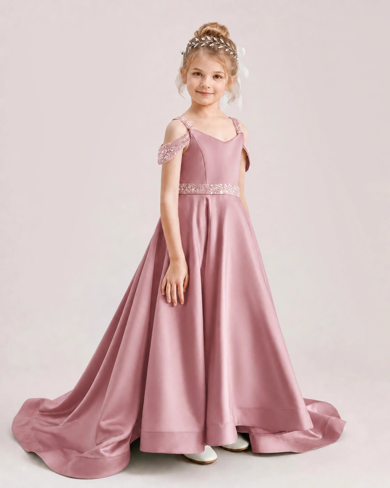 Dusty Rose Kids Pageant Gown Off Shoulder Satin Long Train Formal Dress Side View
