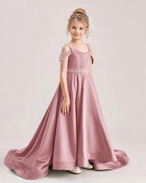 Dusty Rose Kids Pageant Gown Off Shoulder Satin Long Train Formal Dress Side View