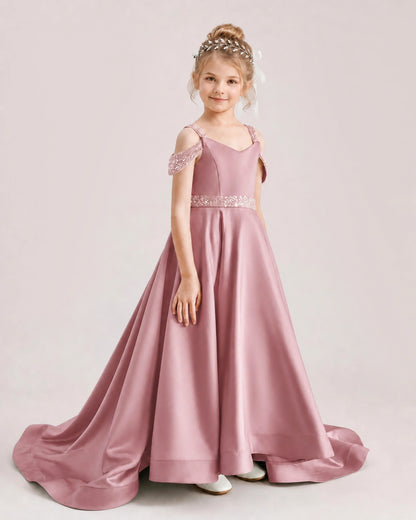 Dusty Rose Kids Pageant Gown Off Shoulder Satin Long Train Formal Dress Side View
