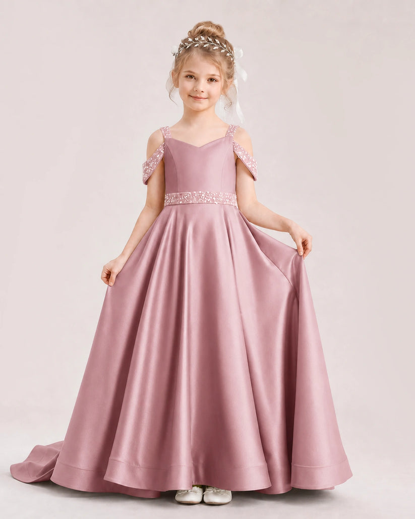 Dusty Rose Satin A-line Pageant Dress Front View