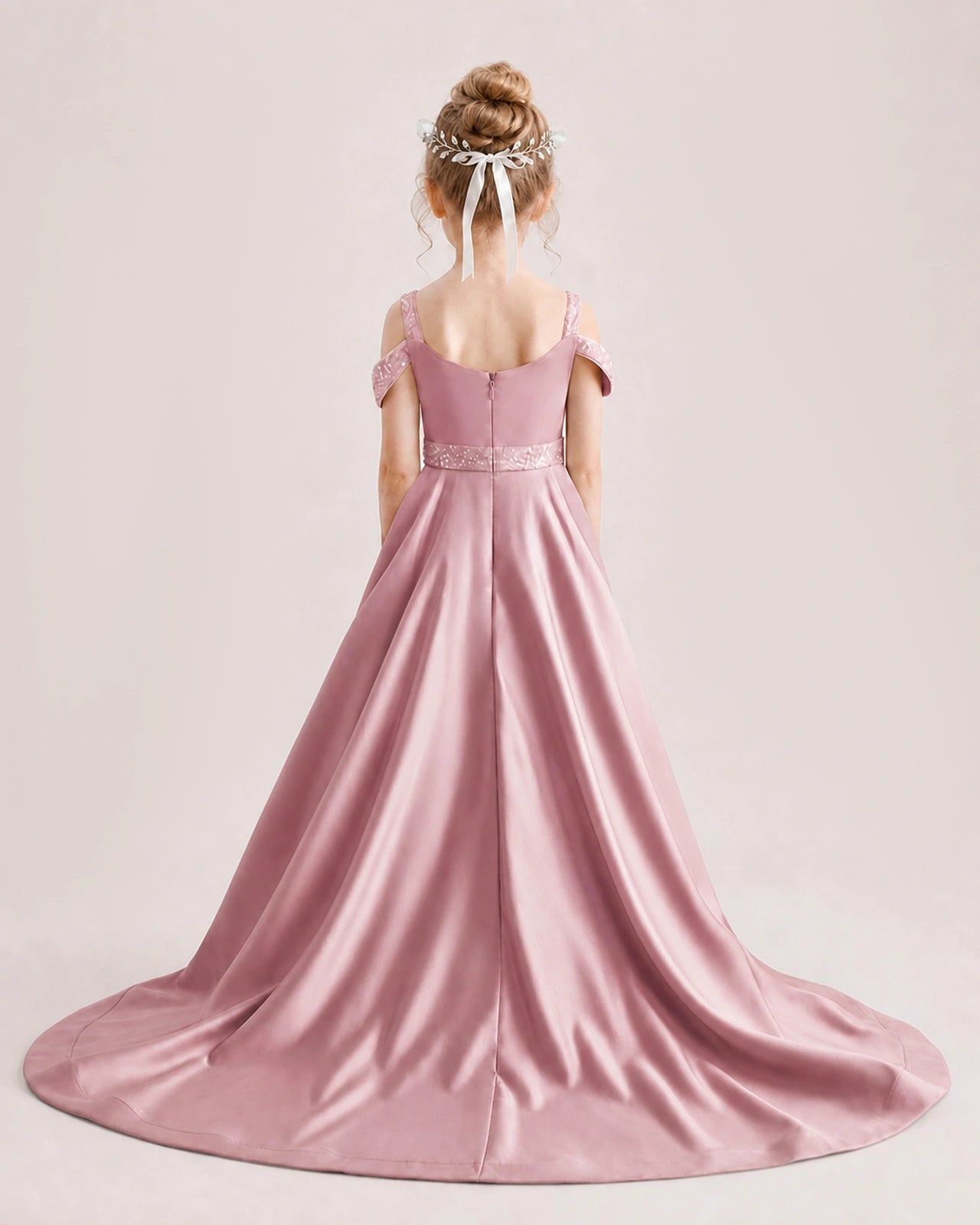 Dusty Rose Kids Pageant Gown Off Shoulder Satin Long Train Formal Dress Back View