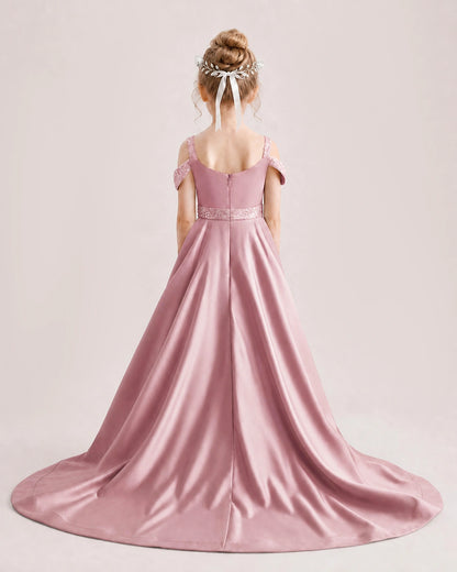 Dusty Rose Kids Pageant Gown Off Shoulder Satin Long Train Formal Dress Back View