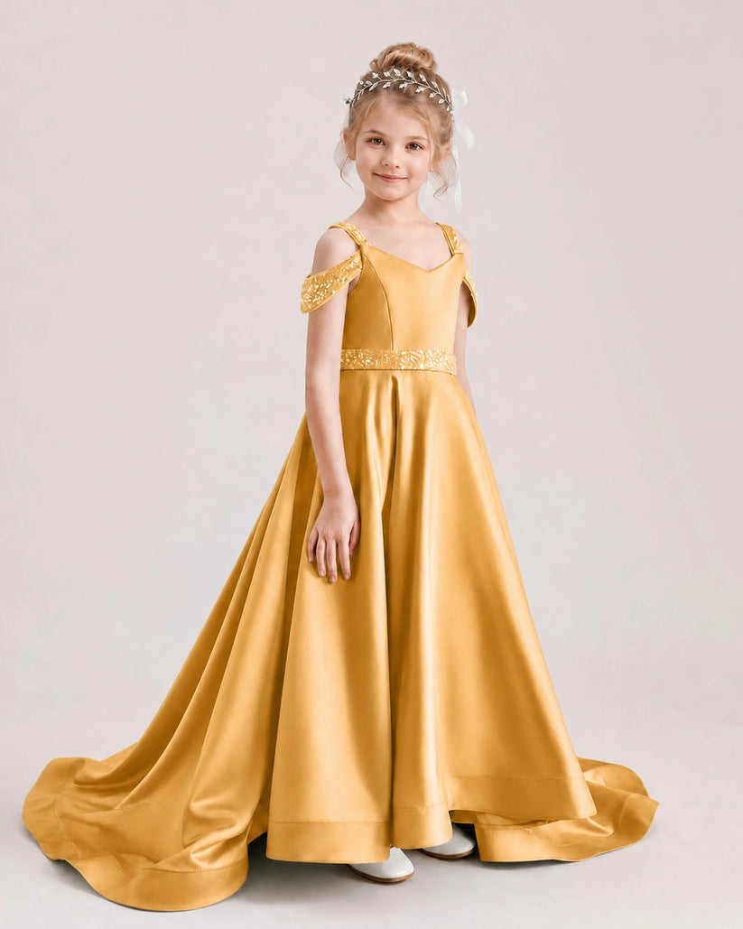 Gold Satin A-line Pageant Dress Front View