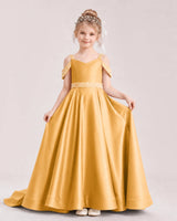 Gold Satin A-line Pageant Dress Front View