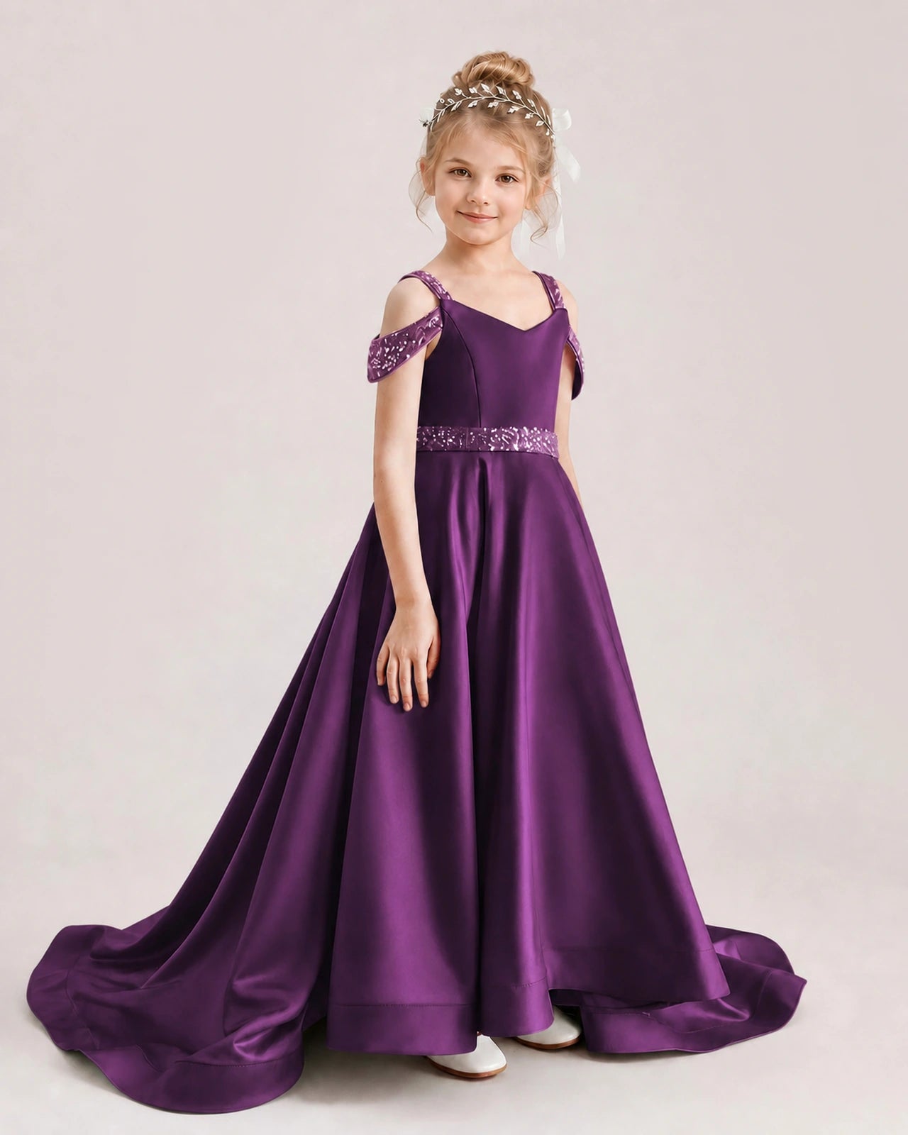 Grape Kids Pageant Gown Off Shoulder Satin Long Train Formal Dress Side View