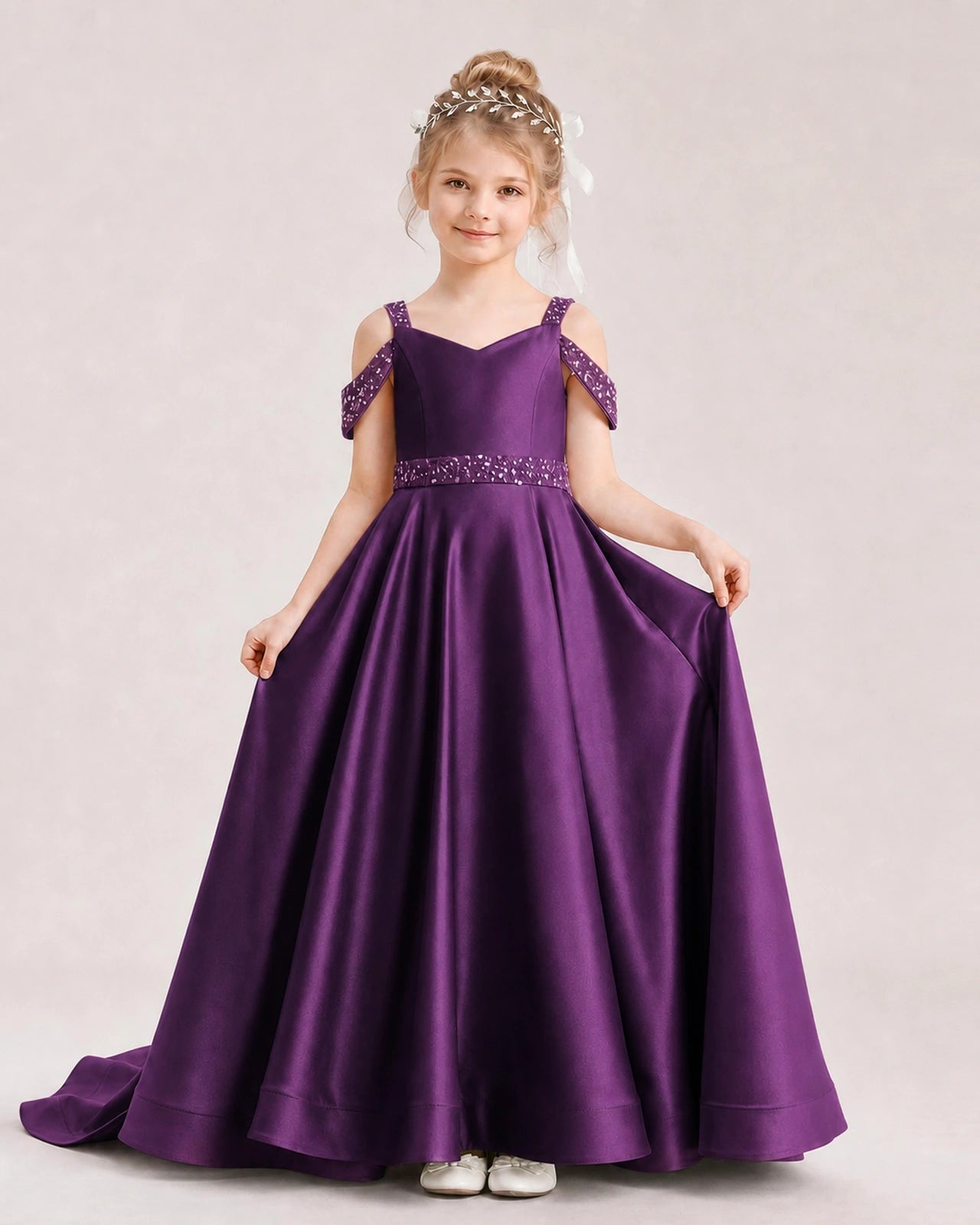 Grape Kids Pageant Gown Off Shoulder Satin Long Train Formal Dress Front View