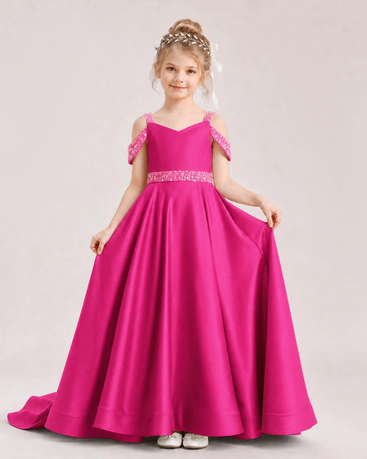 Hot Pink Kids Pageant Gown Off Shoulder Satin Long Train Formal Dress Front View