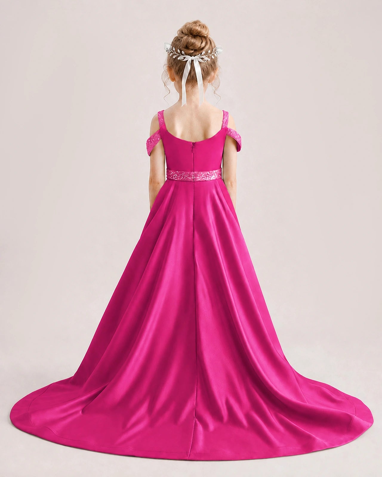 Hot Pink Kids Pageant Gown Off Shoulder Satin Long Train Formal Dress Back View