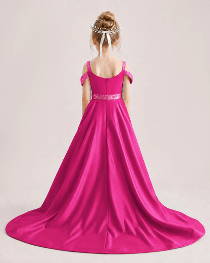 Hot Pink Kids Pageant Gown Off Shoulder Satin Long Train Formal Dress Back View