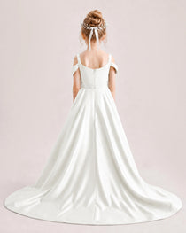 Ivory Kids Pageant Gown Off Shoulder Satin Long Train Formal Dress Back View