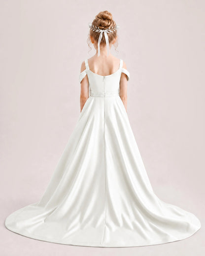 Ivory Kids Pageant Gown Off Shoulder Satin Long Train Formal Dress Back View