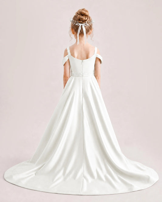 Ivory Satin A-line Pageant Dress Back View
