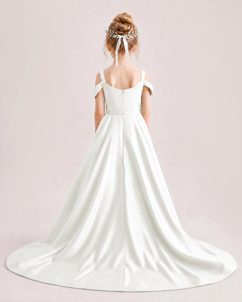 Ivory Satin A-line Pageant Dress Back View