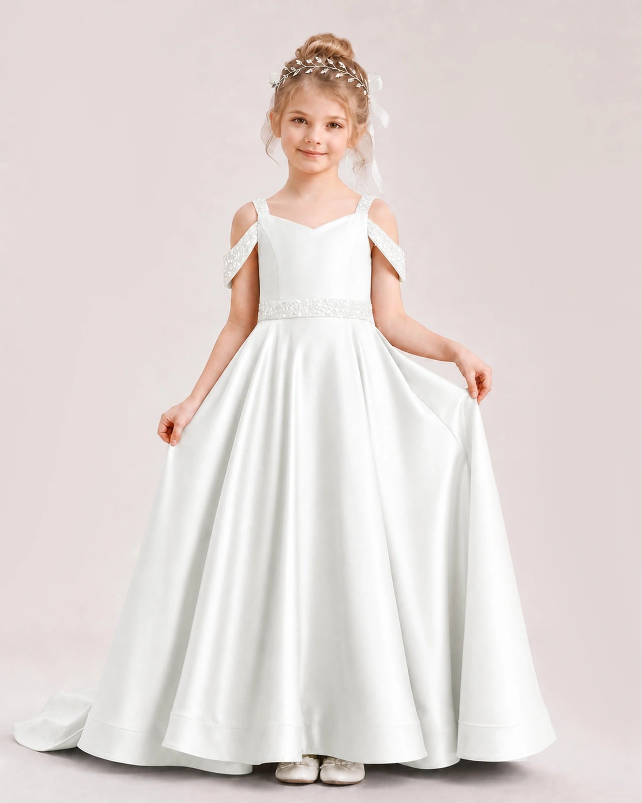 Ivory Kids Pageant Gown Off Shoulder Satin Long Train Formal Dress Front View