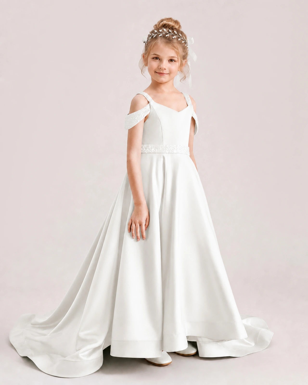 Ivory Kids Pageant Gown Off Shoulder Satin Long Train Formal Dress Side View
