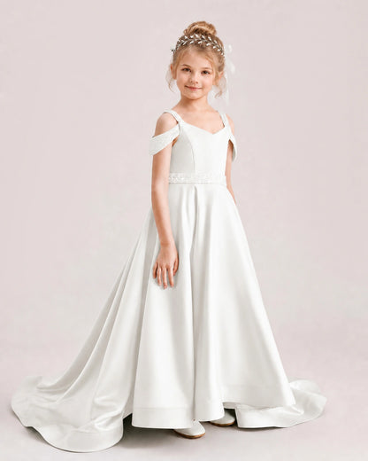 Ivory Kids Pageant Gown Off Shoulder Satin Long Train Formal Dress Side View