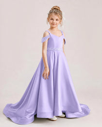 Lavender Kids Pageant Gown Off Shoulder Satin Long Train Formal Dress Side View