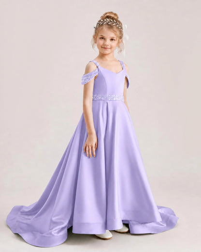 Lavender Kids Pageant Gown Off Shoulder Satin Long Train Formal Dress Side View