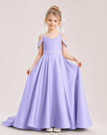Lavender Kids Pageant Gown Off Shoulder Satin Long Train Formal Dress Front View
