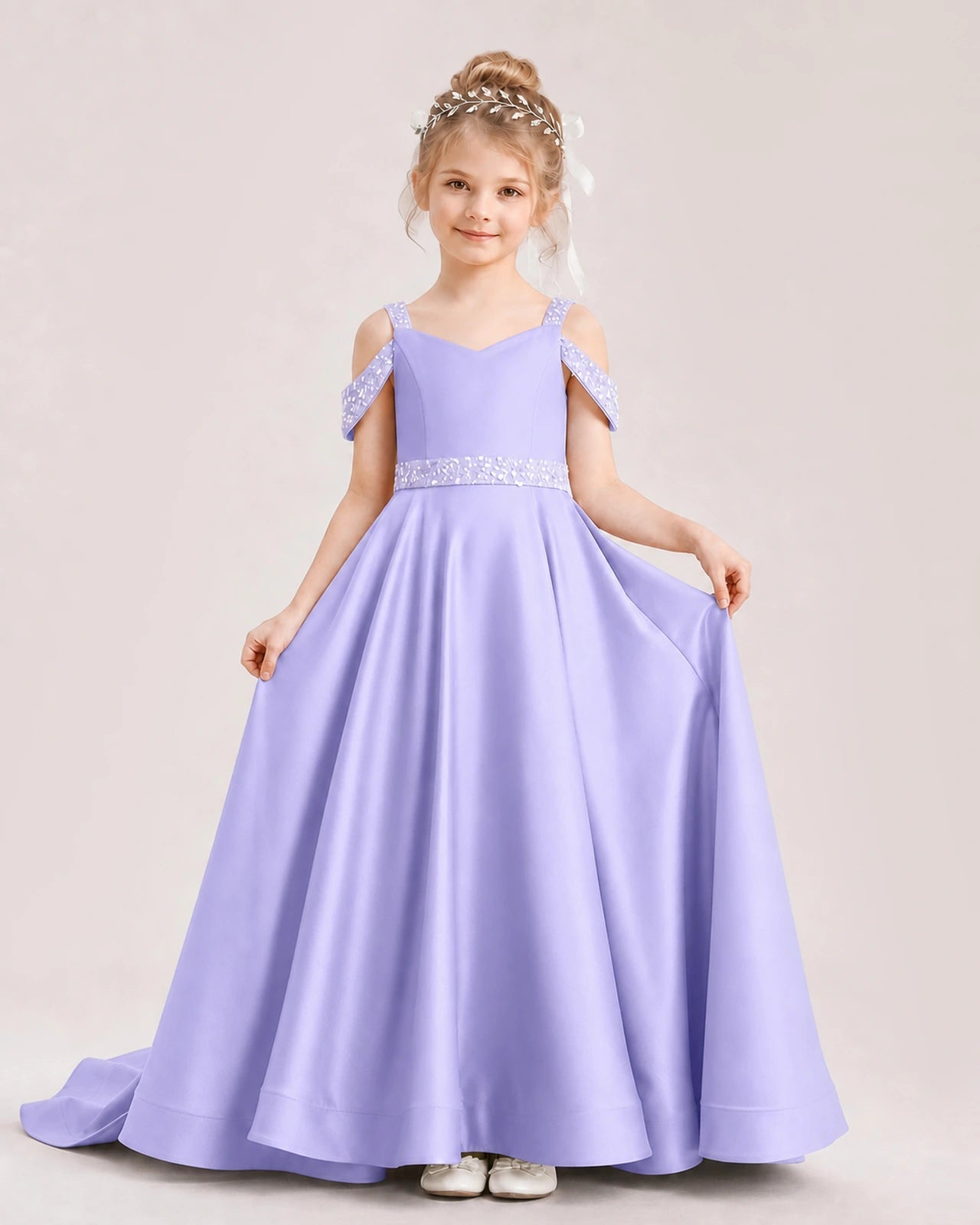 Lavender Kids Pageant Gown Off Shoulder Satin Long Train Formal Dress Front View