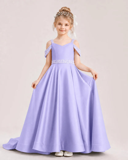 Lavender Kids Pageant Gown Off Shoulder Satin Long Train Formal Dress Front View