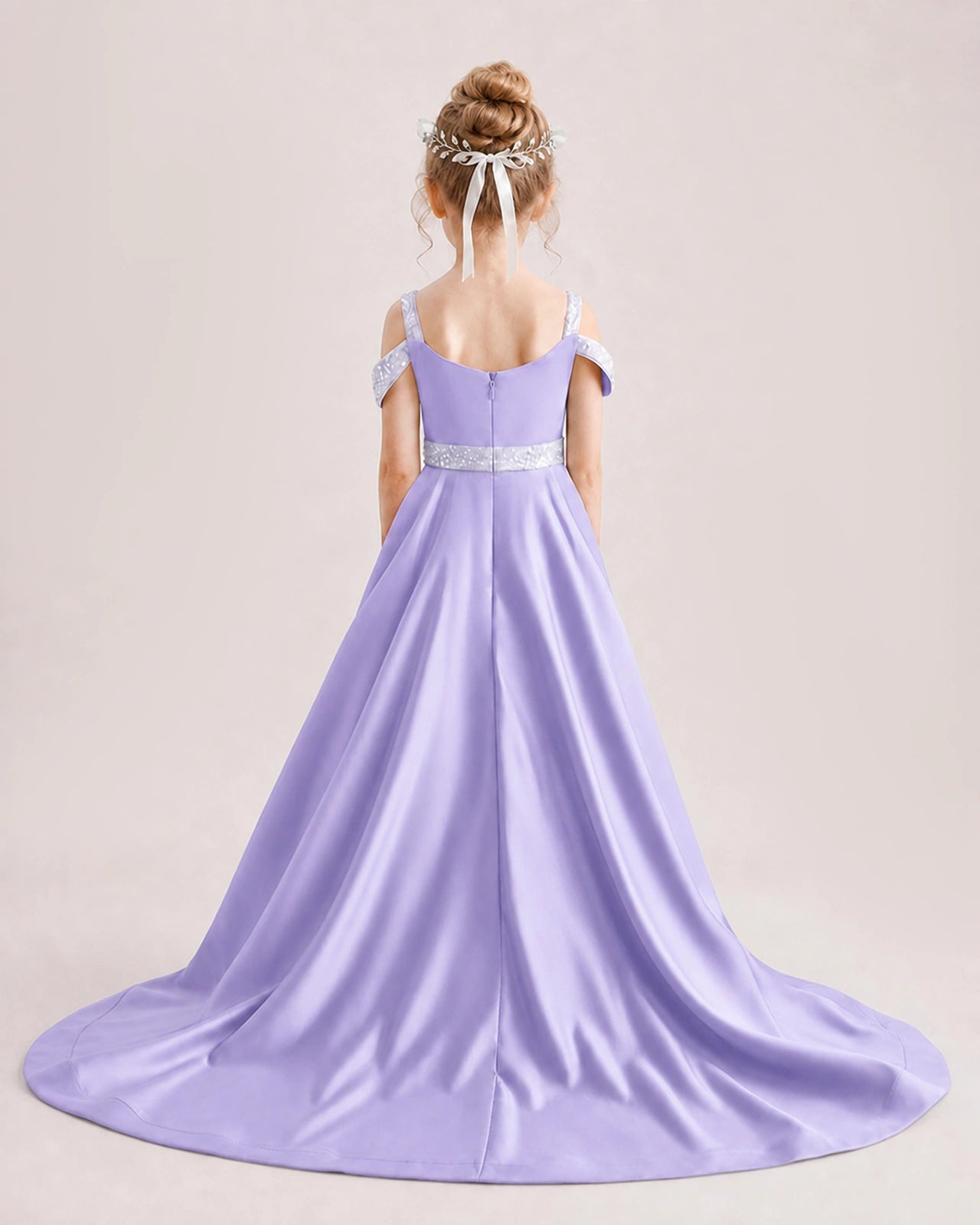 Lavender Kids Pageant Gown Off Shoulder Satin Long Train Formal Dress Back View