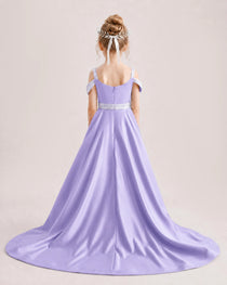 Lavender Kids Pageant Gown Off Shoulder Satin Long Train Formal Dress Back View