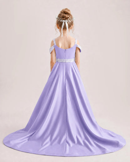 Lavender Kids Pageant Gown Off Shoulder Satin Long Train Formal Dress Back View