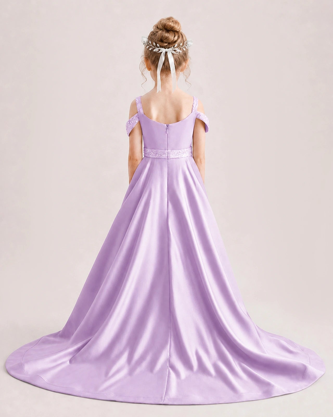 Lilac Kids Pageant Gown Off Shoulder Satin Long Train Formal Dress Back View