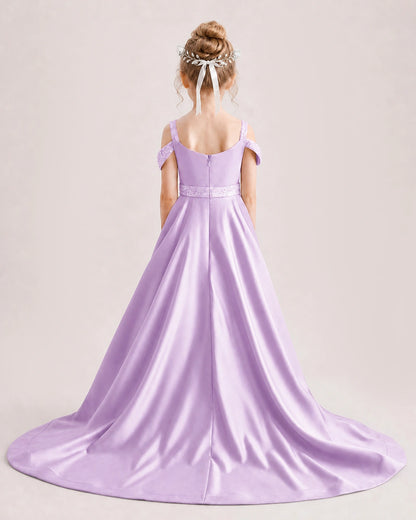 Lilac Kids Pageant Gown Off Shoulder Satin Long Train Formal Dress Back View