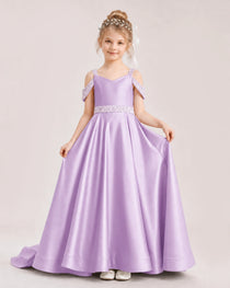 Lilac Kids Pageant Gown Off Shoulder Satin Long Train Formal Dress Front View