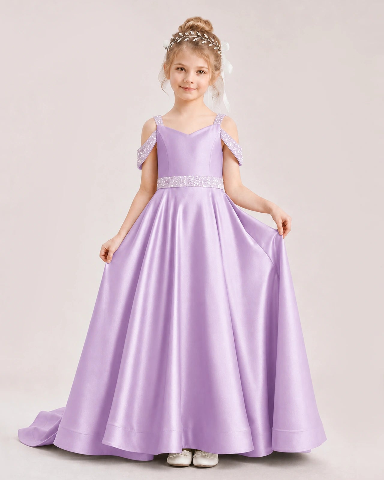 Lilac Kids Pageant Gown Off Shoulder Satin Long Train Formal Dress Front View