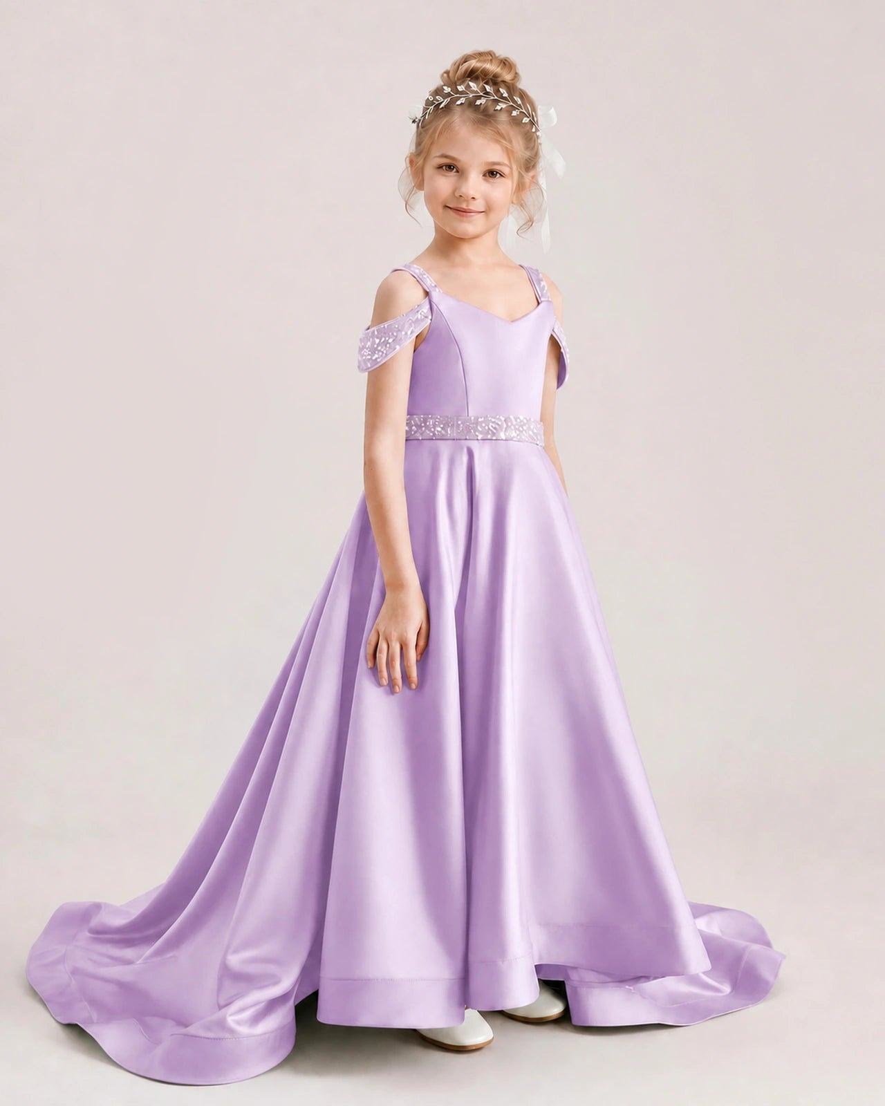 Lilac Kids Pageant Gown Off Shoulder Satin Long Train Formal Dress Side View