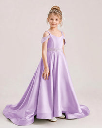 Lilac Kids Pageant Gown Off Shoulder Satin Long Train Formal Dress Side View