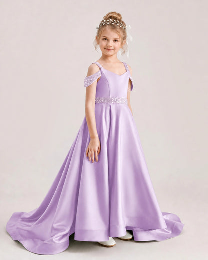 Lilac Kids Pageant Gown Off Shoulder Satin Long Train Formal Dress Side View