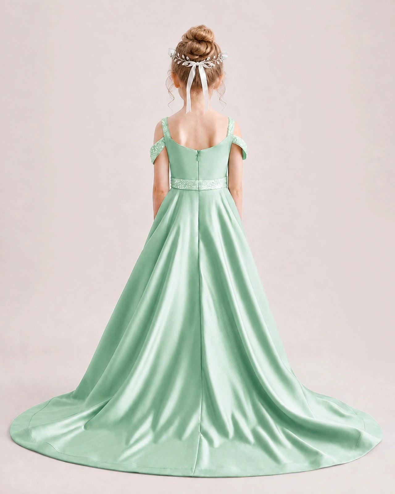 Mint Green Kids Pageant Gown Off Shoulder Satin Long Train Formal Dress Back View