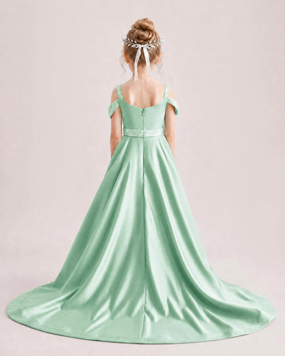 Mint Green Kids Pageant Gown Off Shoulder Satin Long Train Formal Dress Back View