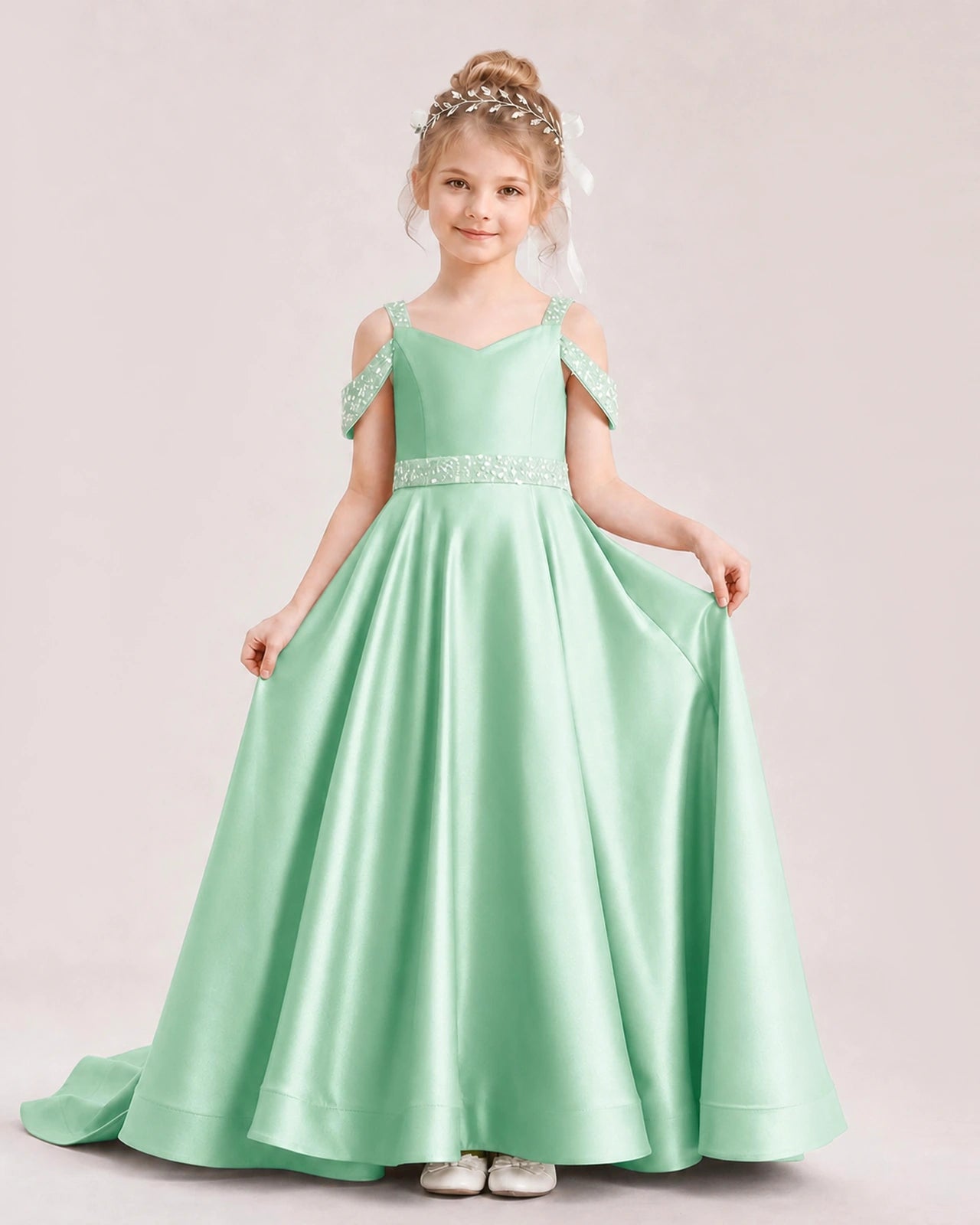 Mint Green Kids Pageant Gown Off Shoulder Satin Long Train Formal Dress Front View