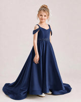 Navy Blue Satin A-line Pageant Dress Front View