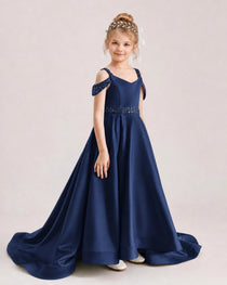 Navy Blue Kids Pageant Gown Off Shoulder Satin Long Train Formal Dress Side View