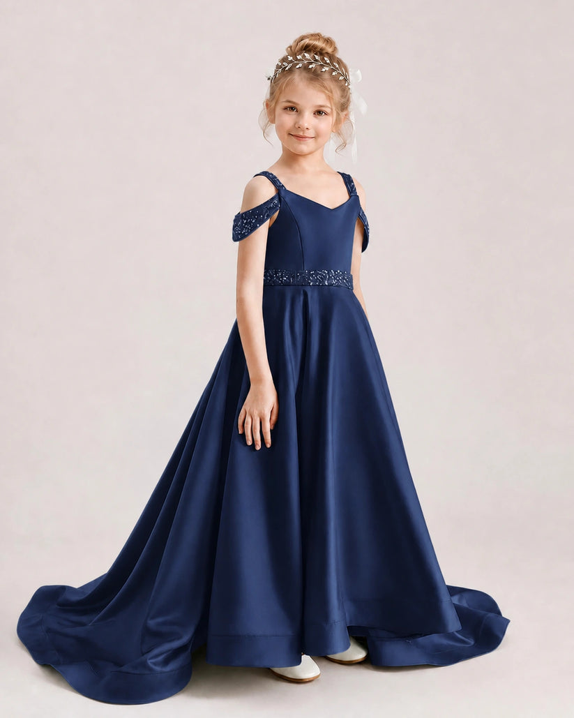 Navy Blue Satin A-line Pageant Dress Front View