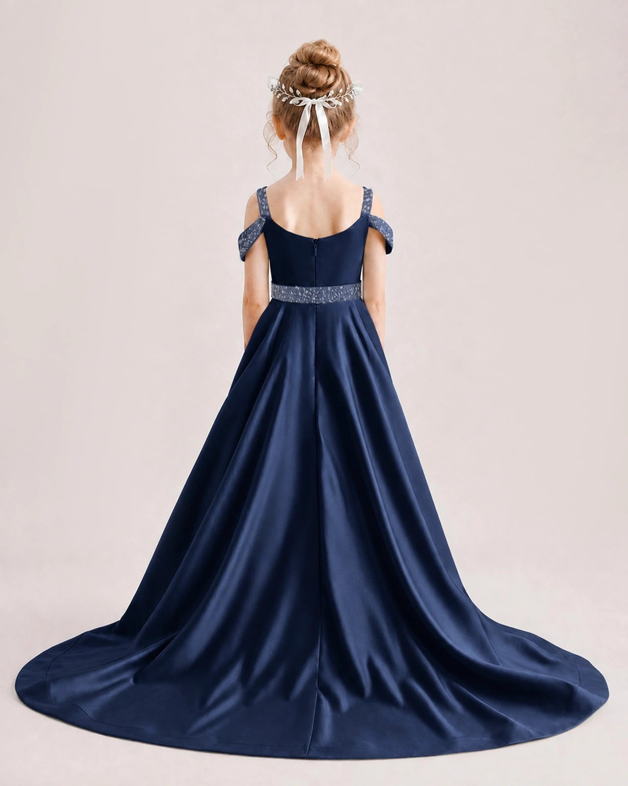 Navy Blue Kids Pageant Gown Off Shoulder Satin Long Train Formal Dress Back View