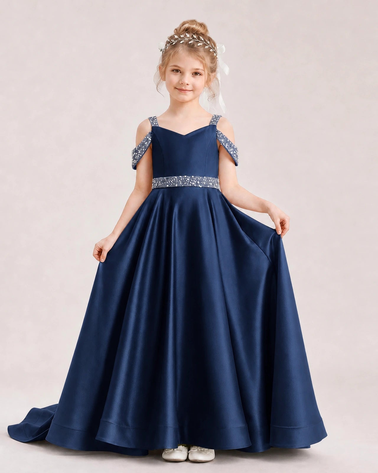 Navy Blue Kids Pageant Gown Off Shoulder Satin Long Train Formal Dress Front View