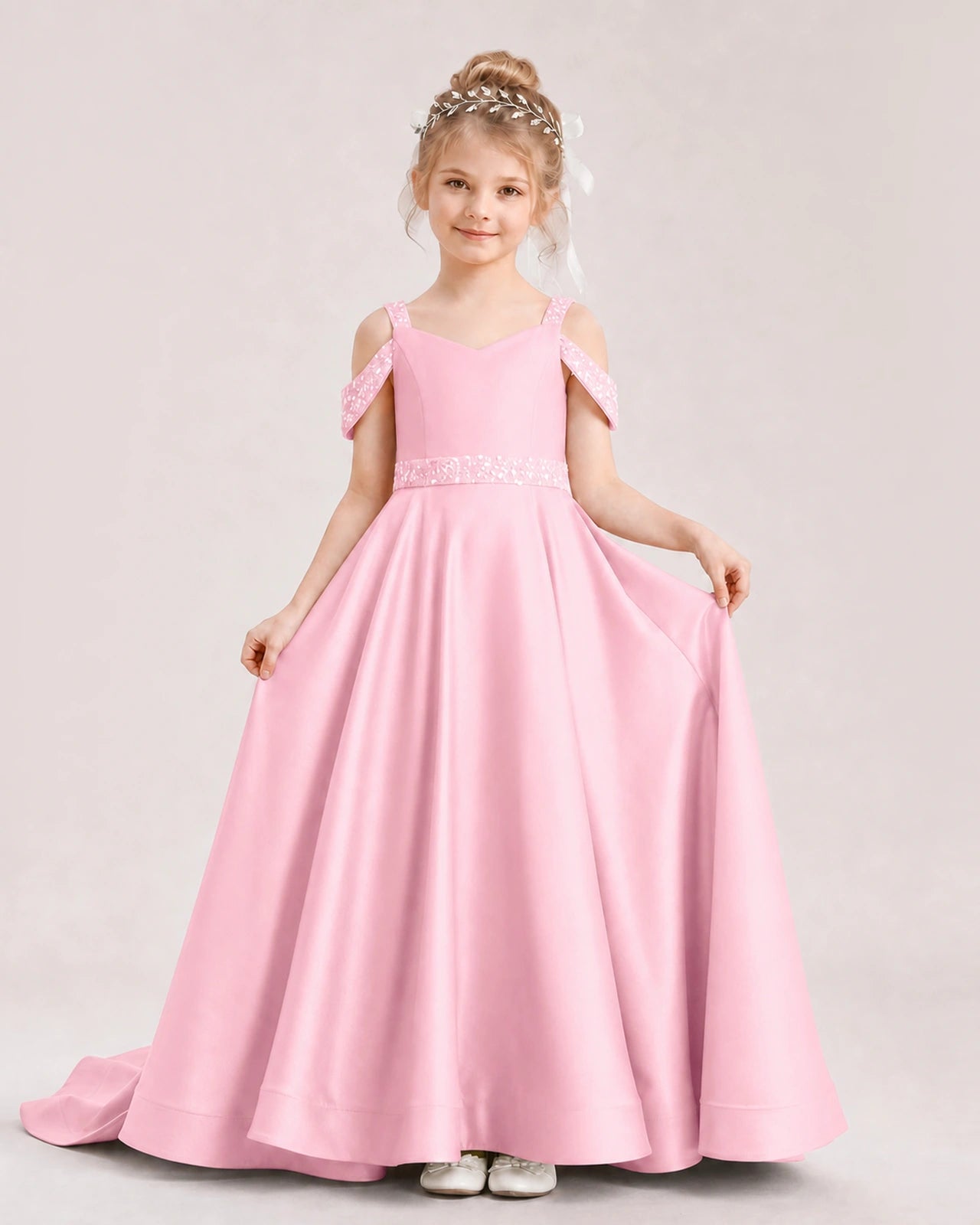 Pink Kids Pageant Gown Off Shoulder Satin Long Train Formal Dress Front View