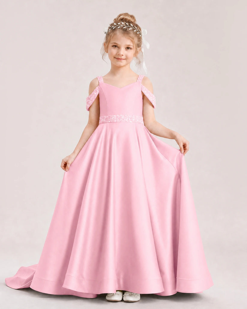 Pink Satin A-line Pageant Dress Front View