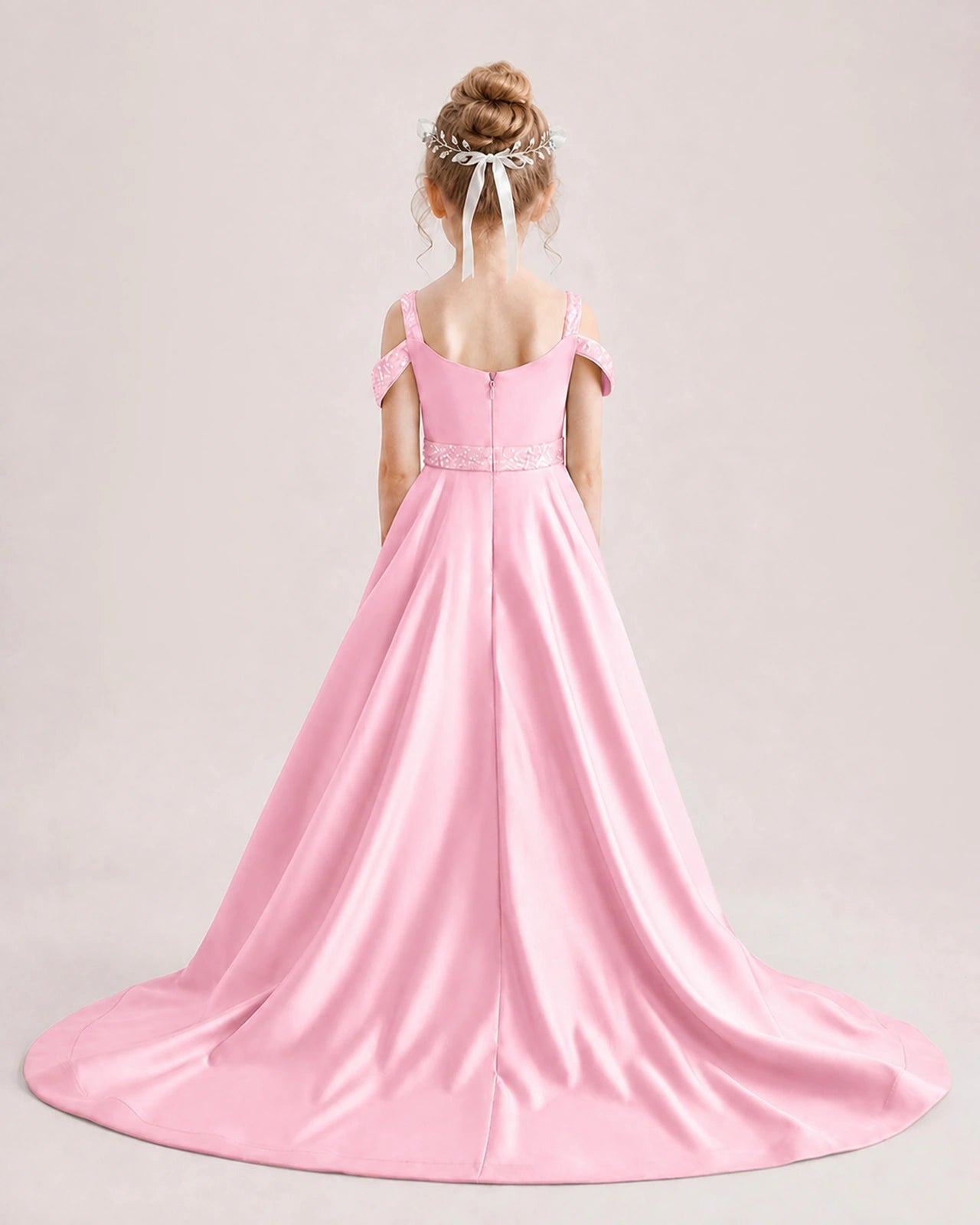 Pink Kids Pageant Gown Off Shoulder Satin Long Train Formal Dress Back View