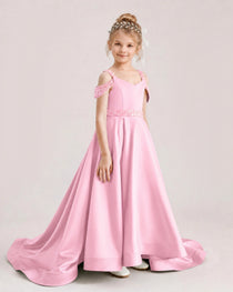 Pink Kids Pageant Gown Off Shoulder Satin Long Train Formal Dress Side View